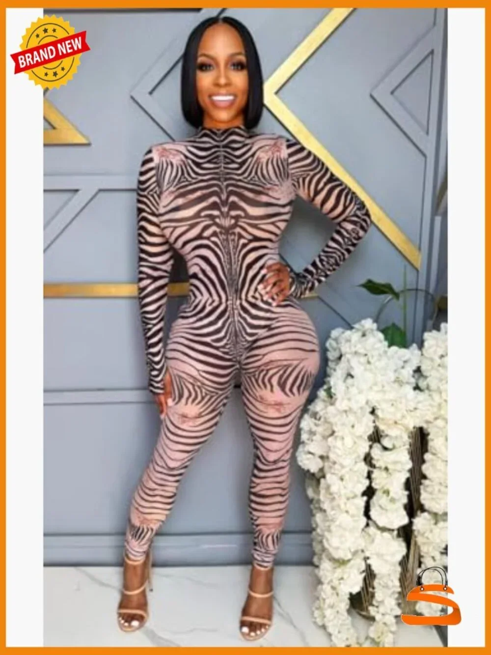 Long Sleeve Zebra Print Sheer Bodycon Jumpsuit for Women